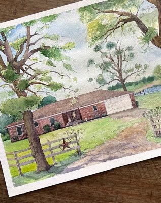 watercolor painting of a farmhouse with traditional red brick surrounded by big trees