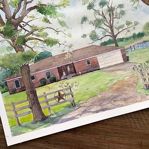 watercolor painting of a farmhouse, detailed view